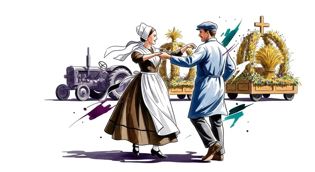 Illustration d'un couple célébrant les traditions nivernaises lors d'une fête de la moisson dans la Nièvre. Ils portent des costumes d'époque et esquissent une danse du folklore du Morvan