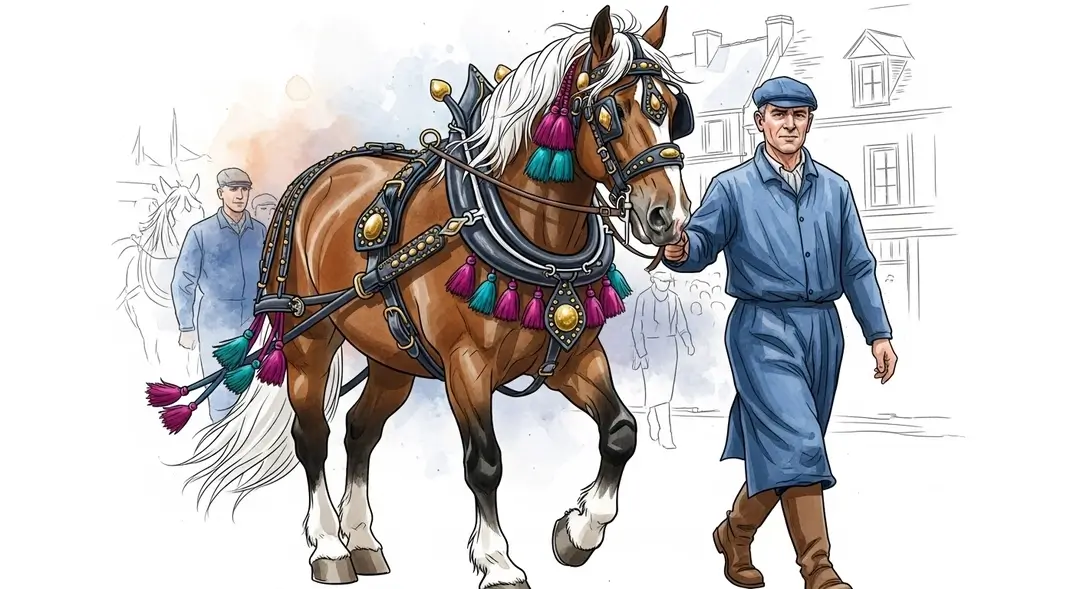 Un maître bourrelier mène un cheval de trait avec son harnachement de parade durant un cortège folklorique