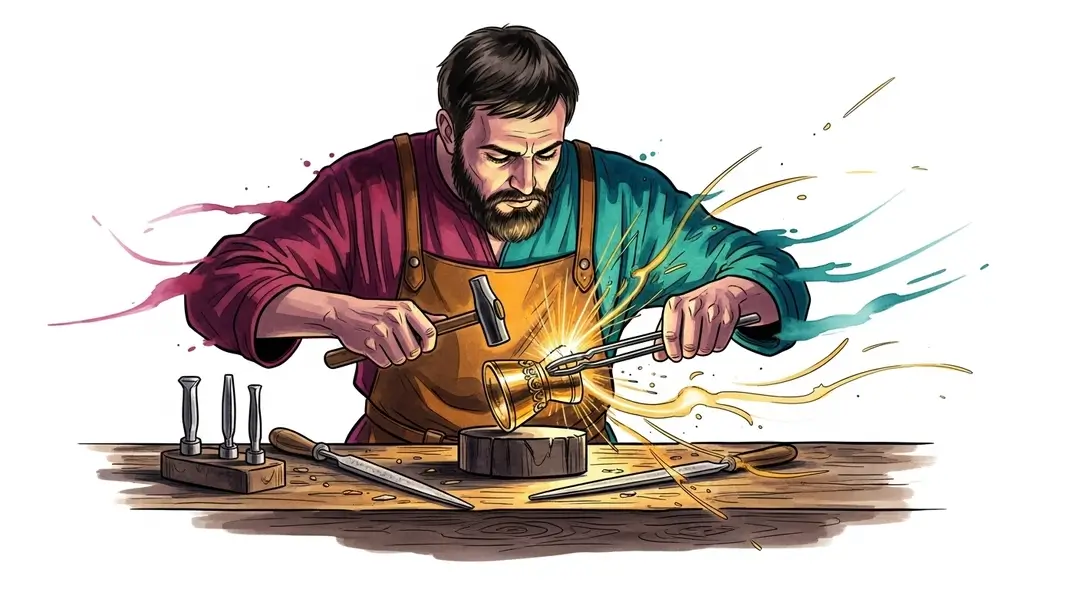 Illustration pour la fête de Saint Éloi montrant le saint patron des orfèvres et forgerons au travail dans son atelier du 7e siècle.
