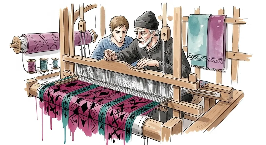 Un maître des confréries textiles de Rouen enseigne les métiers du textile à un jeune artisan dans un atelier médiéval