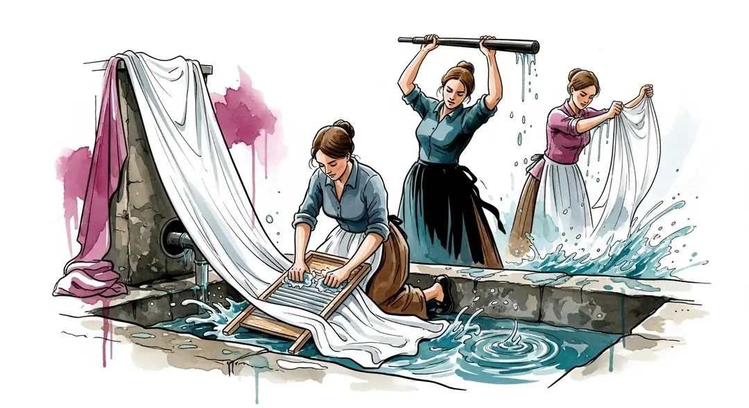 Illustration de lavandières dans un lavoir public effectuant le lavage du linge à la main