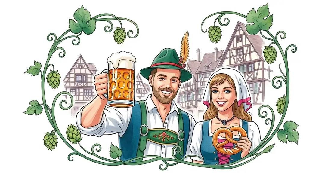 Illustration d'un couple en costume traditionnel lors d'une fête de la bière en Alsace