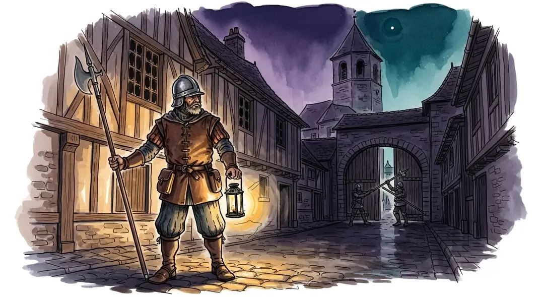 Illustration du couvre-feu au Moyen Âge : un garde assure la sécurité médiévale dans un village fortifié à la tombée de la nuit.