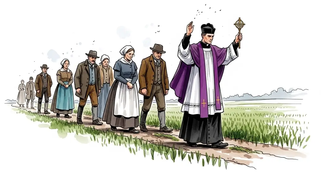 Illustration des traditions agricoles en Picardie montrant une procession pour la bénédiction des semis menée par un prêtre et des villageois dans les champs