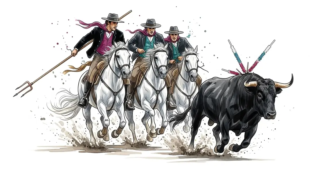 Illustration de l'équitation camarguaise avec des gardians sur leurs chevaux Camargue encadrant un taureau lors d'une abrivado