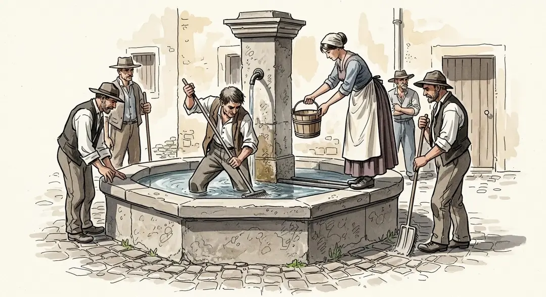 Illustration du rituel de nettoyage des fontaines en Provence