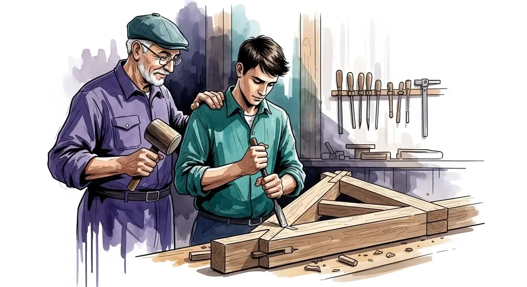 Un maître artisan des Compagnons du Devoir enseigne le compagnonnage à un jeune apprenti
