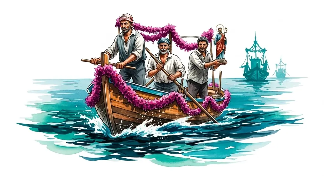 Illustration de confréries de pêcheurs Méditerranée célébrant le patrimoine maritime lors d'une procession de bateaux de pêche artisanale