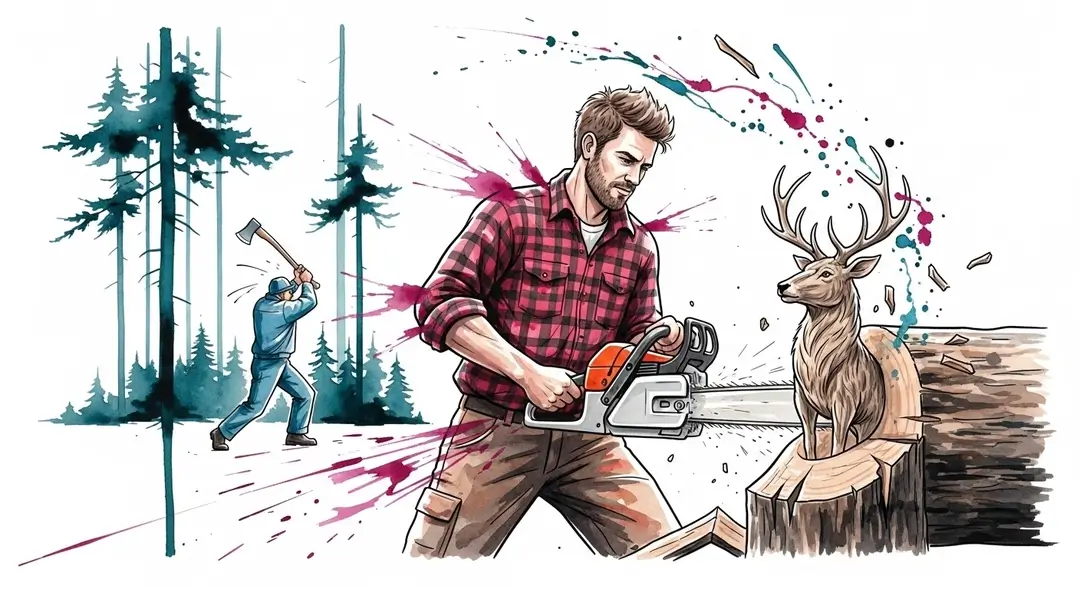 Illustration d'un artisan réalisant une sculpture sur bois lors d'une fête du bois dans les Vosges