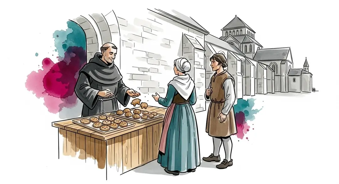 Illustration de l'origine de la Foire du Trône : un moine vend du pain d'épice devant l'abbaye Saint-Antoine