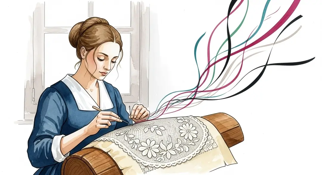 Illustration d'une dentellière démontrant le savoir-faire de la dentelle d'Alençon