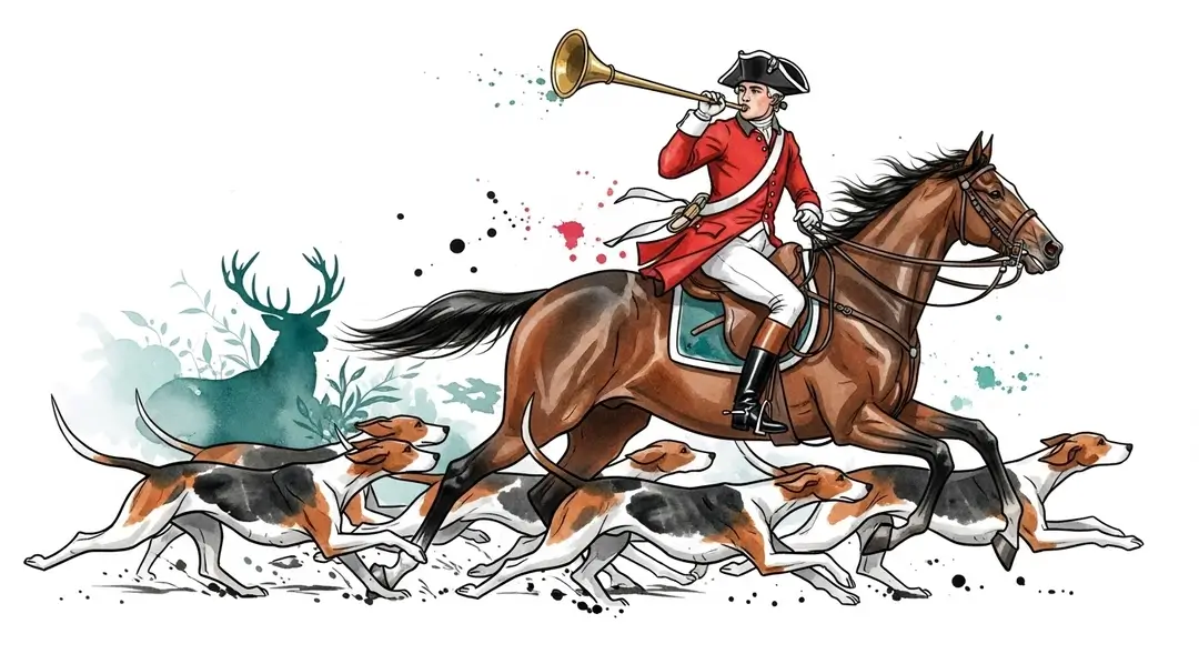 Scène de chasse à courre illustrant la vénerie française : un veneur sonne la trompe de chasse à la tête de son équipage de vénerie.