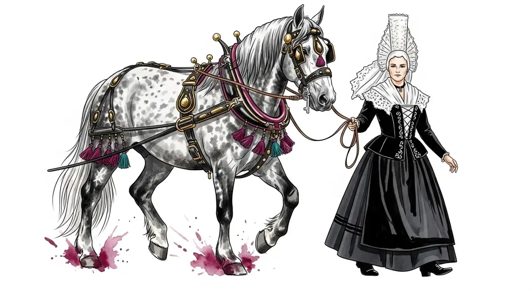Illustration d'un cheval de trait breton mené par une femme lors d'une fête du cheval breton en Ille-et-Vilaine.