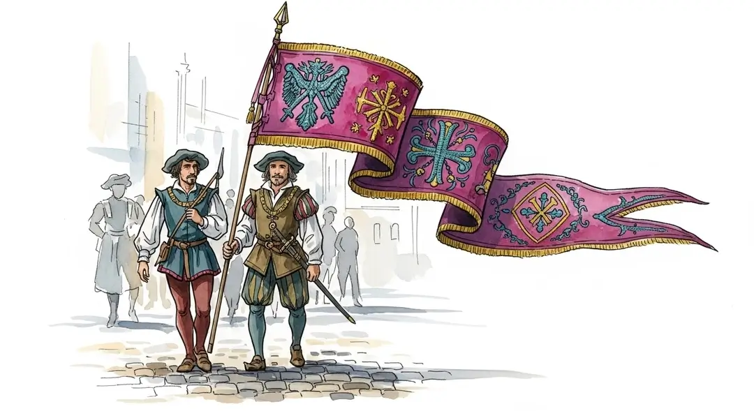 Illustration d'une procession de guilde médiévale où des artisans de la confrérie de brodeurs portent fièrement leurs bannières décorées.