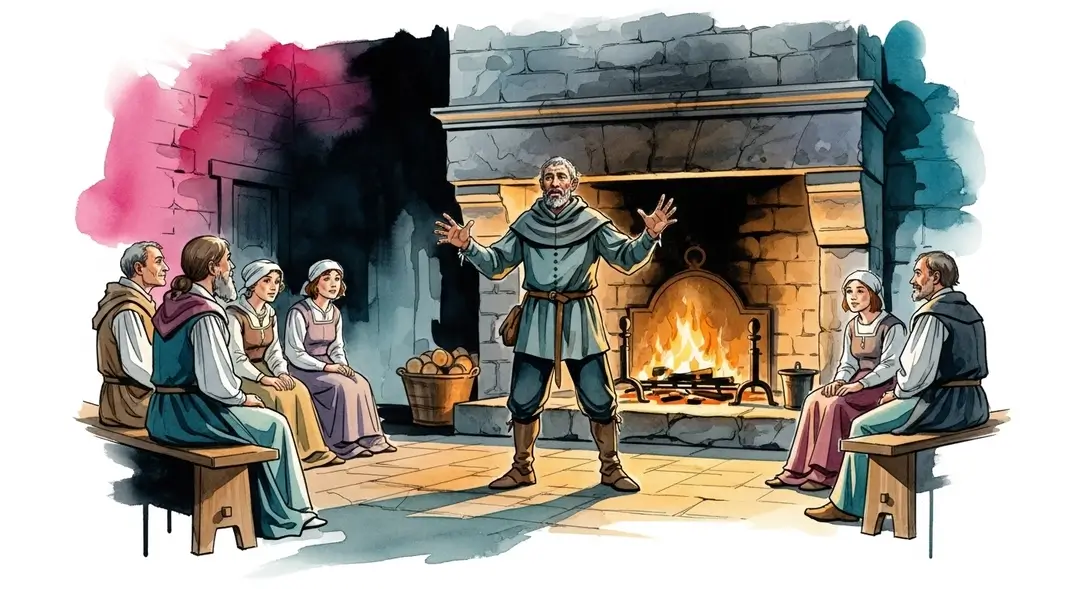 Un des conteurs du Périgord perpétue la tradition orale en Dordogne en narrant des légendes de châteaux à son auditoire