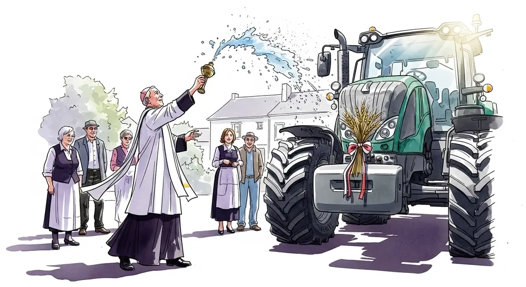 Un prêtre procède à la bénédiction de tracteurs lors d'une cérémonie agricole