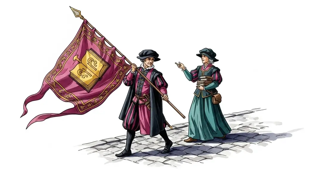 Fête corporative d'artisans relieurs d'une guilde médiévale défilant en costumes d'époque