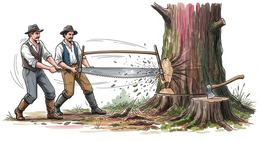 Illustration de la tradition de la coupe de bois mettant en scène le savoir-faire ancestral de bûcherons au sein d'une communauté rurale forestière pratiquant le bûcheronnage traditionnel.