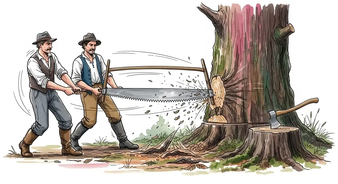 Illustration de la tradition de la coupe de bois mettant en scène le savoir-faire ancestral de bûcherons au sein d'une communauté rurale forestière pratiquant le bûcheronnage traditionnel.
