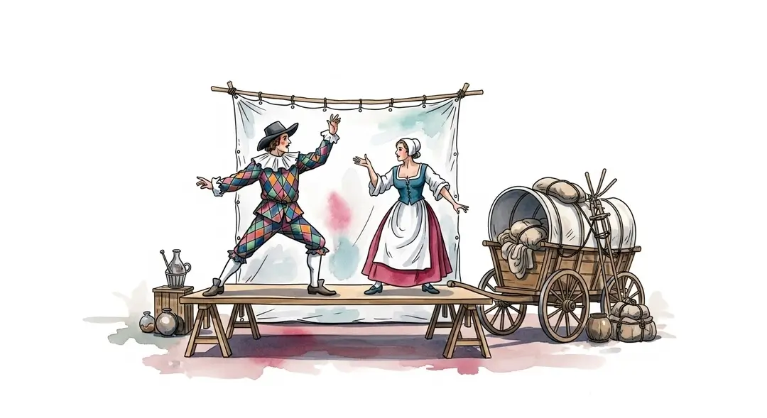 Illustration d'une scène de théâtre ambulant où une compagnie nomade du XVIIe siècle offre un spectacle vivant rural