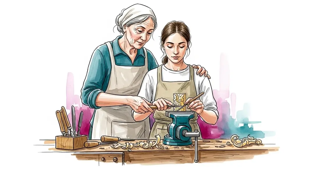 Une maître artisane et son apprentie réalisant une sculpture sur buis