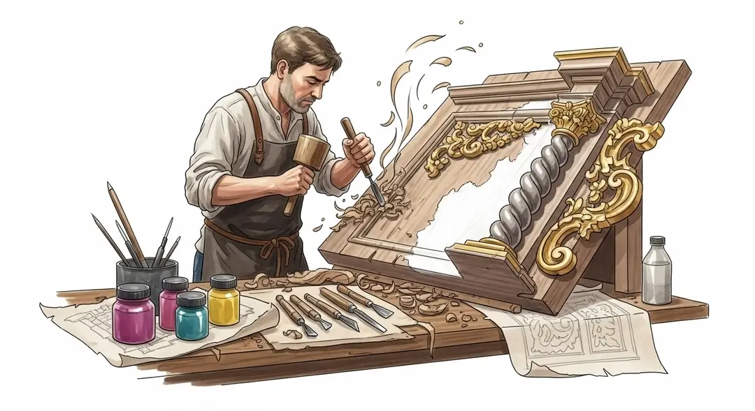 Illustration d'un maître sculpteur réalisant la sculpture sur bois d'un retable baroque gascon du XVIIIe siècle dans son atelier
