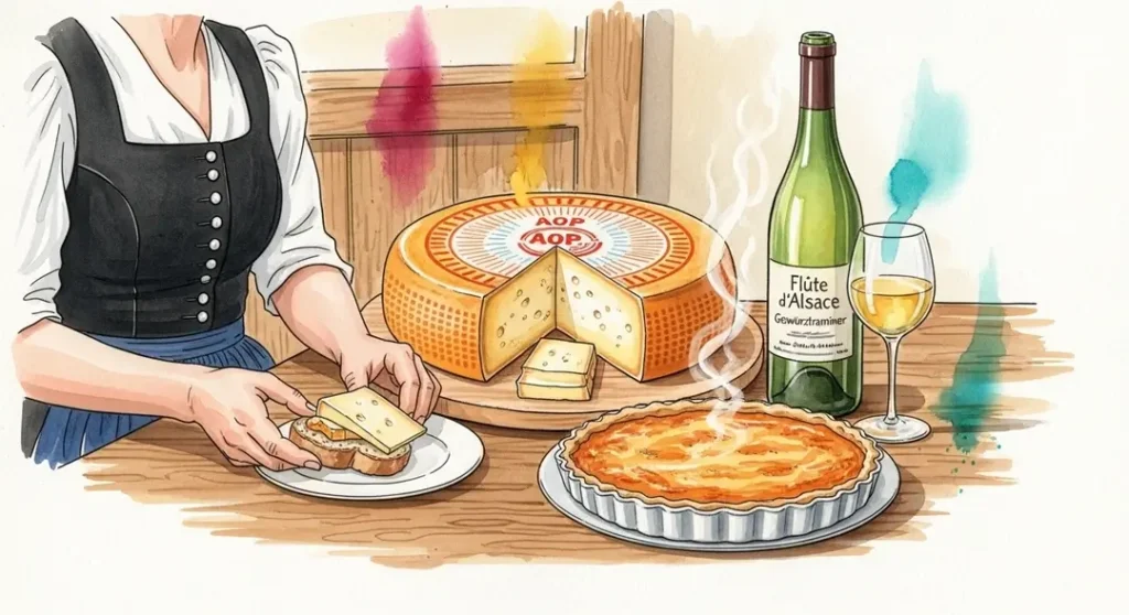 Illustration festive des traditions alsaciennes mettant en scène le fromage Munster d'Alsace
