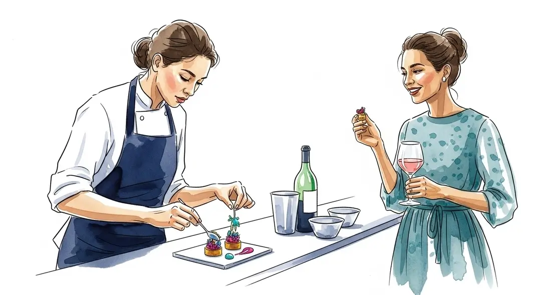 Illustration à l'aquarelle d'une scène vivante lors des festivals gastronomiques de Paris : une cheffe prépare un plat pour une visiteuse