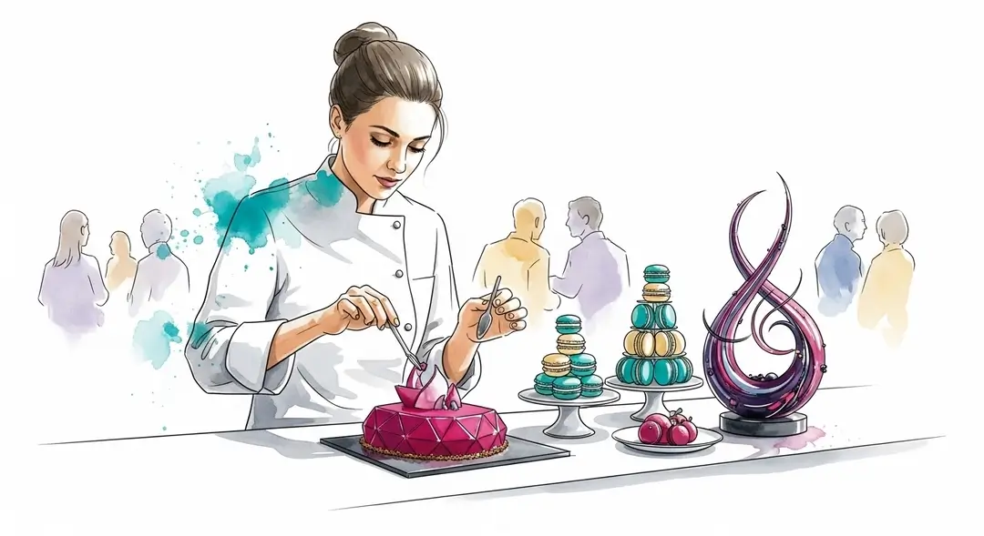 Illustration d'une cheffe dans un salon de pâtisserie finalisant une création de haute pâtisserie
