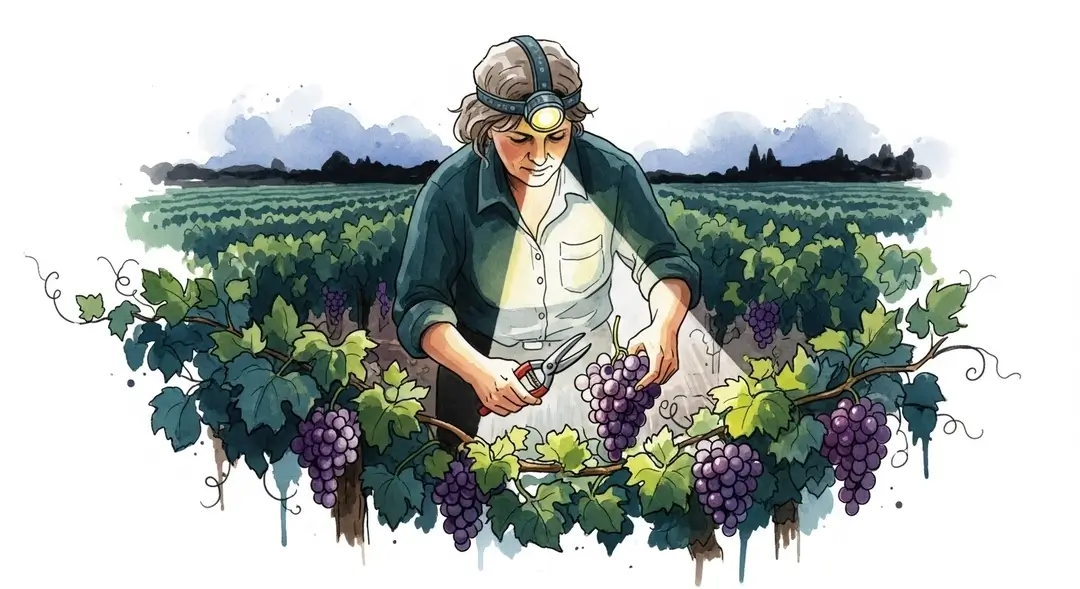 Illustration d'une récolte de raisin la nuit