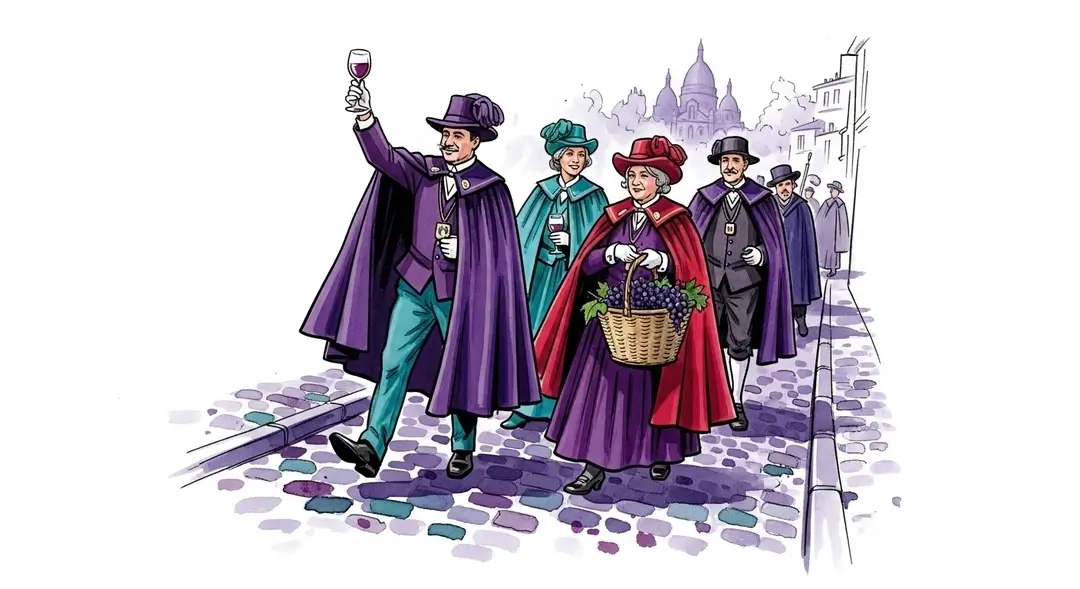 Illustration du grand défilé de la Fête des vendanges Montmartre avec des confréries vinicoles devant le Sacré-Cœur