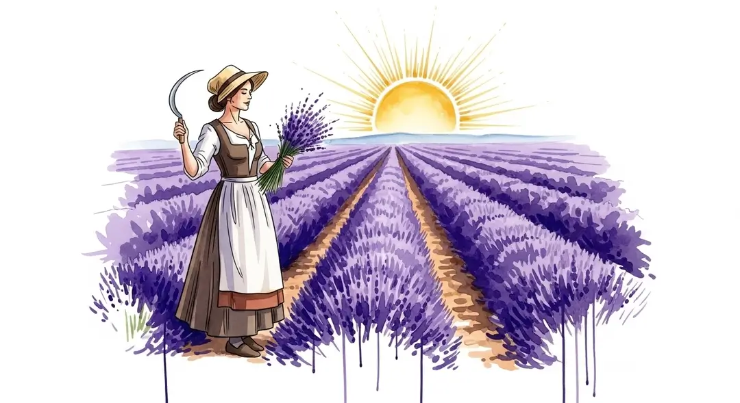 Illustration aquarelle du mysticisme des fêtes de la lavande en Provence et des traditions de la récolte
