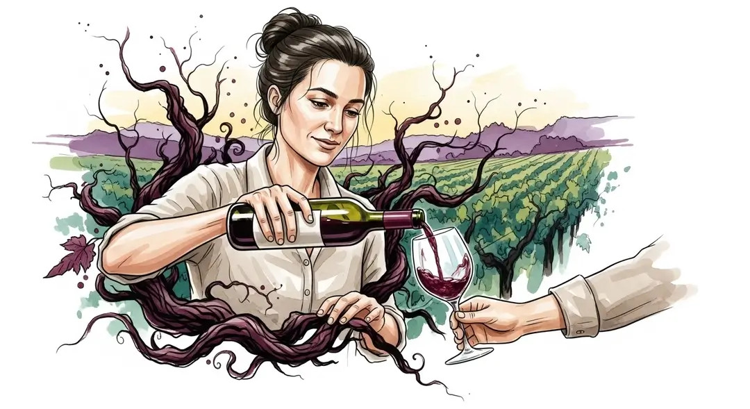 Illustration d'une vigneronne indépendante dans des vignobles familiaux
