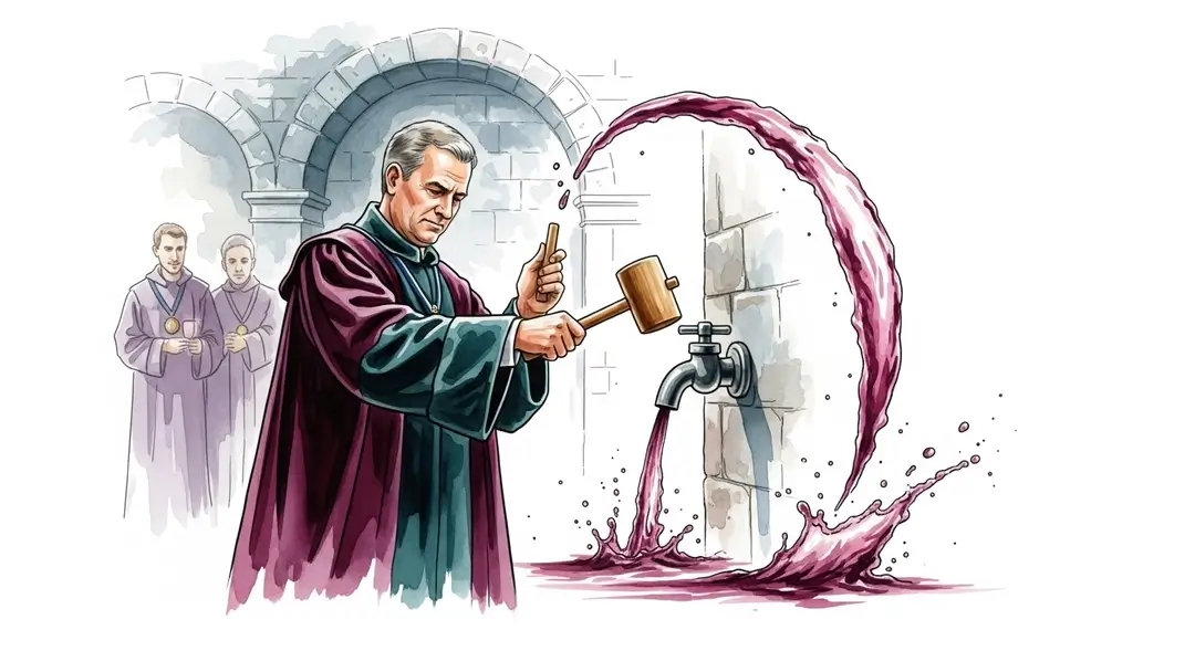 Illustration de la mise en perce du tonneau lors d'une célébration du vin nouveau