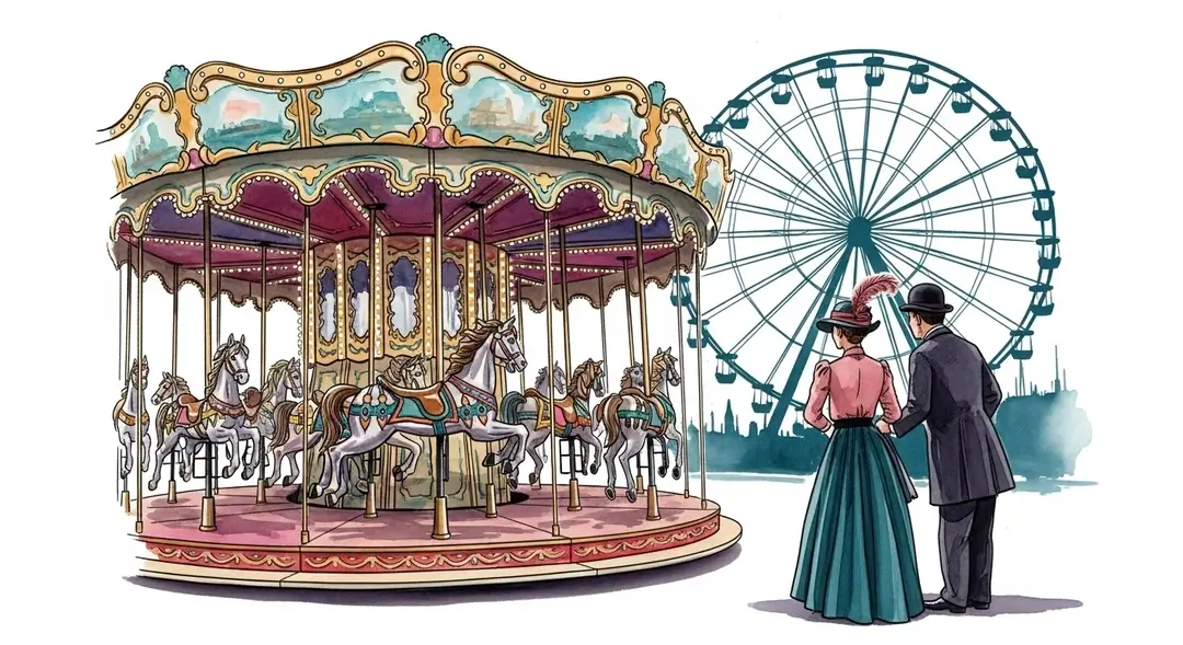 Illustration d'art forain montrant des manèges d'antan dans une fête foraine traditionnelle