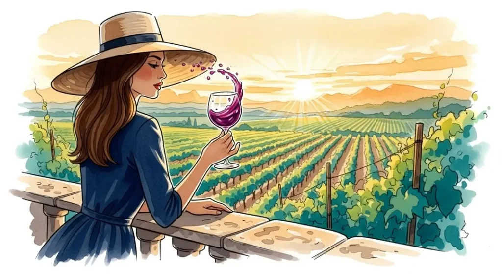 Femme profitant d'une dégustation de vin au crépuscule