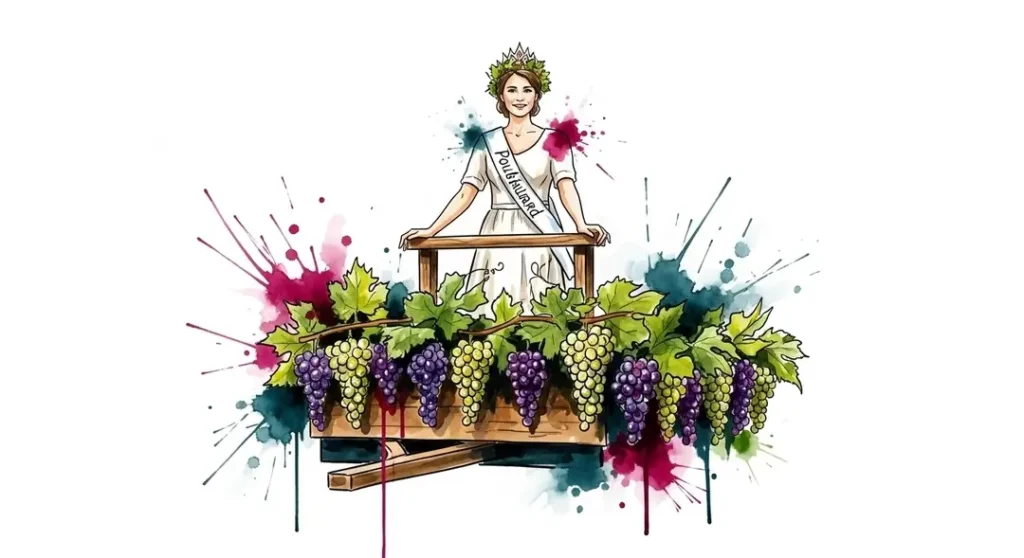 Une illustration de la Reine des vendanges du Jura sur son char décoré