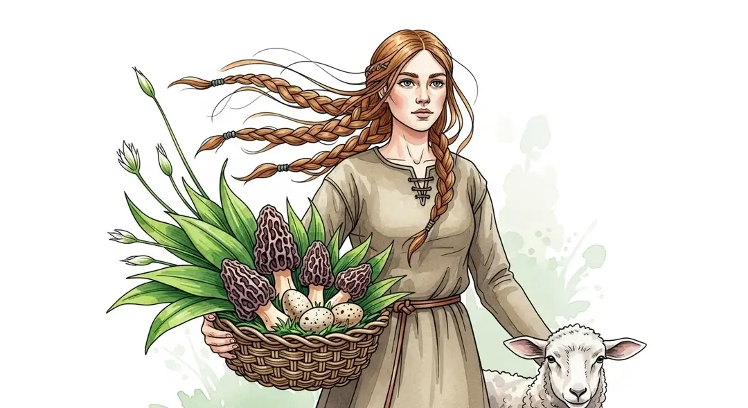Illustration d'une femme gauloise avec un agneau et un panier de cueillette