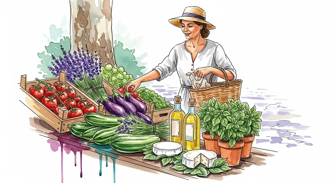 Une femme choisissant des produits frais sur un marché illustre comment se vit la gastronomie dans les villages provençaux
