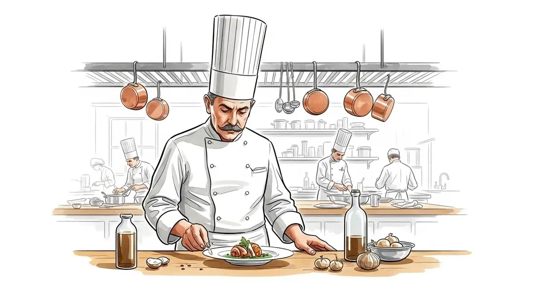 Un chef incarnant le savoir-faire culinaire français prépare un plat