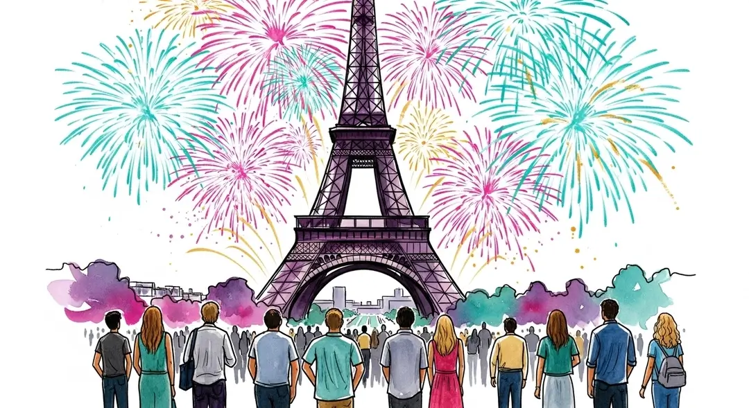 Illustration en aquarelle qui capture La tradición de los fuegos artificiales en el 14 de julio