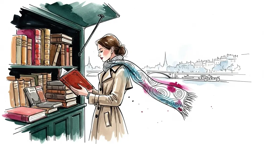 Illustration d'une femme consultant des livres rares France chez un bouquiniste parisien