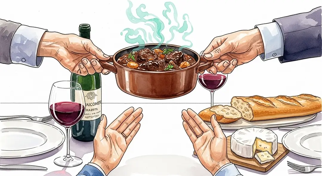 Illustration à l'aquarelle de la transmission du patrimoine culinaire français lors d'un repas de famille