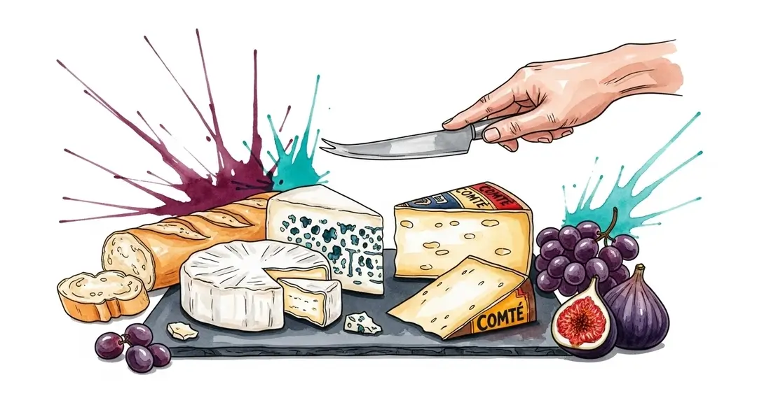 Illustration des règles d'un plateau de fromages montrant comment servir et couper un camembert et un comté selon le savoir-vivre français.