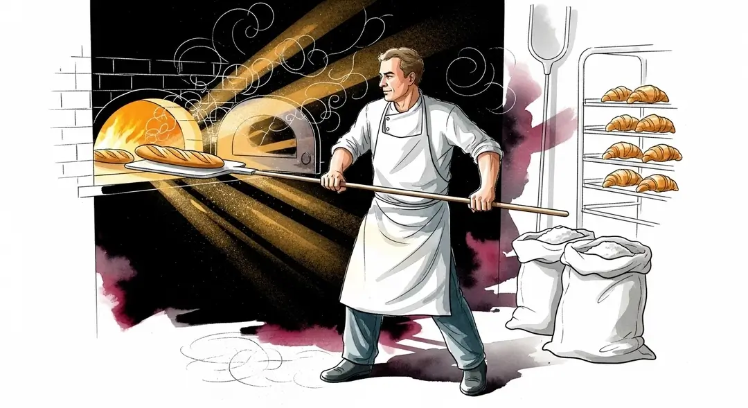 Un artisan boulanger en plein travail de nuit ; cette illustration montre la fabrication du pain artisanal qui justifie l'ouverture matinale d'une boulangerie