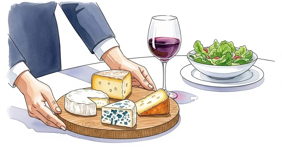 Illustration de la gastronomie française expliquant pourquoi le fromage et la salade sont servis séparément ; un plateau de fromages est présenté à part de la salade verte