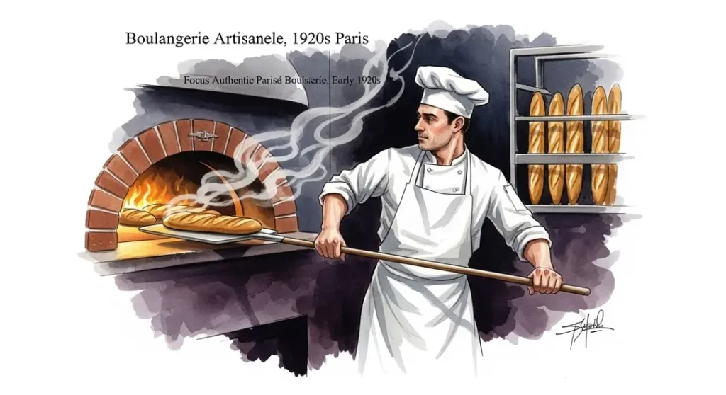 Illustration de l'histoire de la baguette : un boulanger incarne le savoir-faire artisanal et la tradition française en sortant du four ce symbole national.