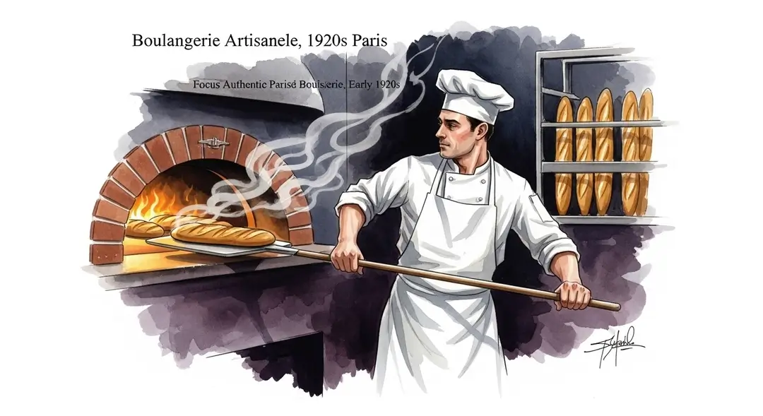 Illustration de l'histoire de la baguette : un boulanger incarne le savoir-faire artisanal et la tradition française en sortant du four ce symbole national.