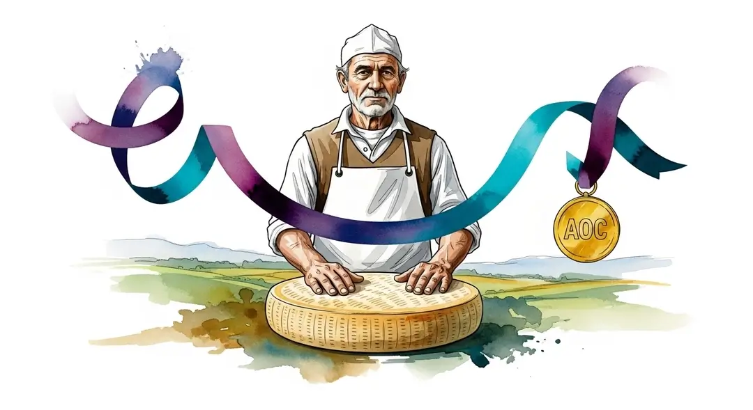 Illustration aquarelle d'un maître fromager lors d'une des cérémonies de nomination des fromages AOC
