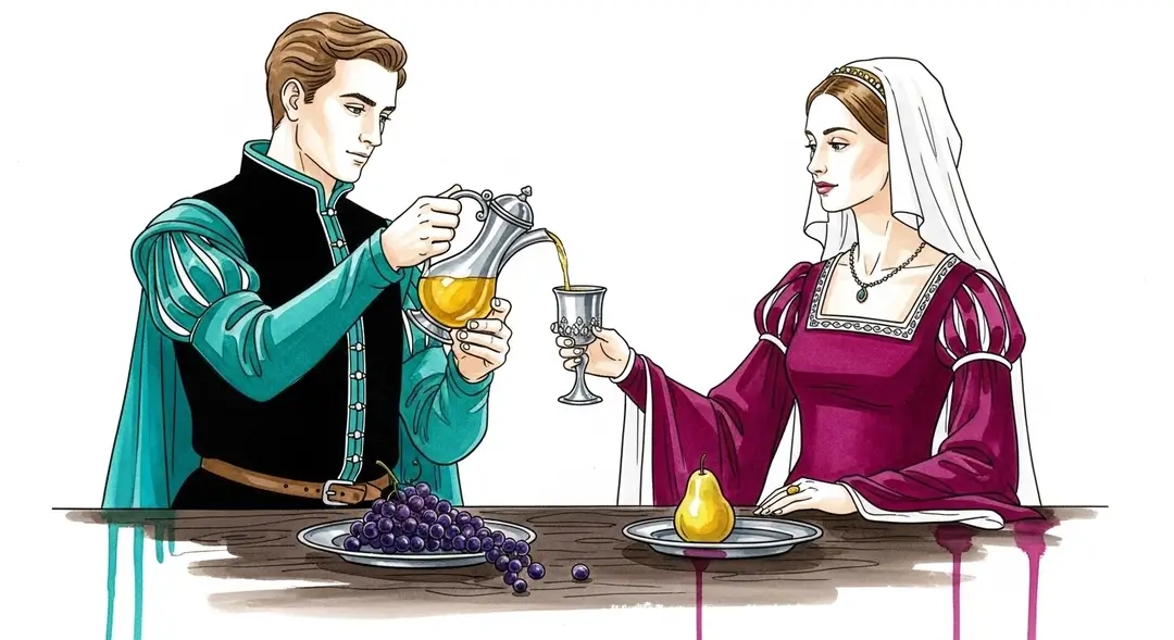 Illustration du rôle du vin doux français dans les célébrations d'antan : un noble servant ce vin de fête historique à une dame lors d'un banquet